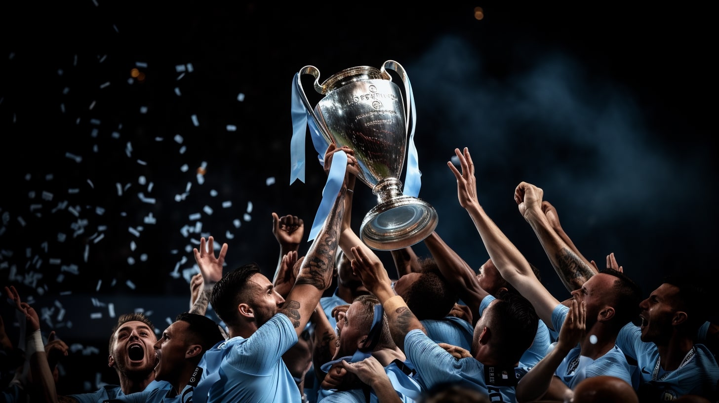 Manchester City: vencedores da Liga dos Campeões em 2023, comemorando uma vitória