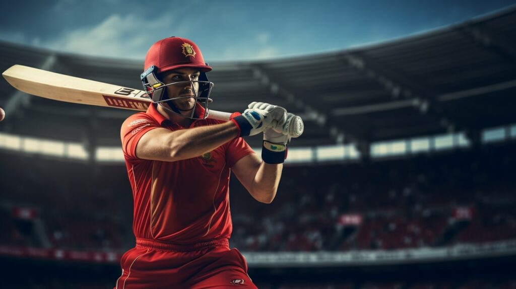 Jogador de críquete com uniforme vermelho em ação
